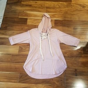 Lightweight Hooded Sweater with Lace Up Neck